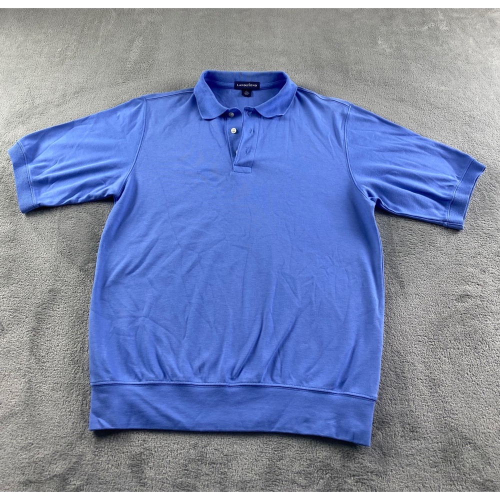 Lands End Mens Blue Banded Hem Short Sleeve Polo Shirt Small S 34-36 Peru‎